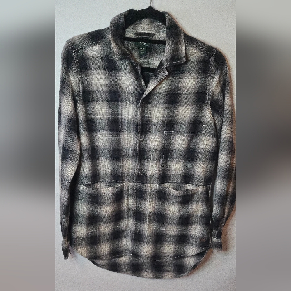 Roots Womens XS Black/Tan Plaid Loose Snap Button Flannel Shacket